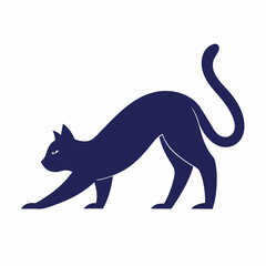 A silhouette of a stretching cat in downward dog pose, elongated body and arched tail, vector illustration on white background.



