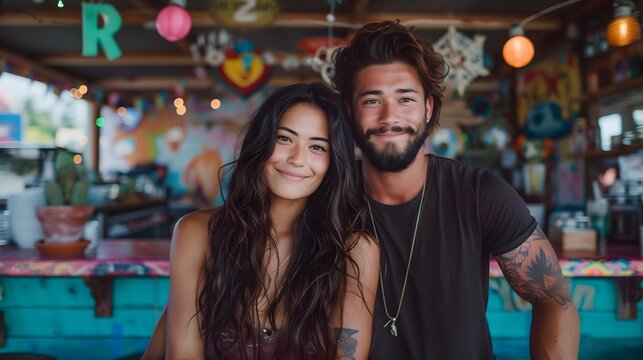 Couple enjoying a cheerful afternoon at a vibrant cafe with a lively background filled with colorful decorations