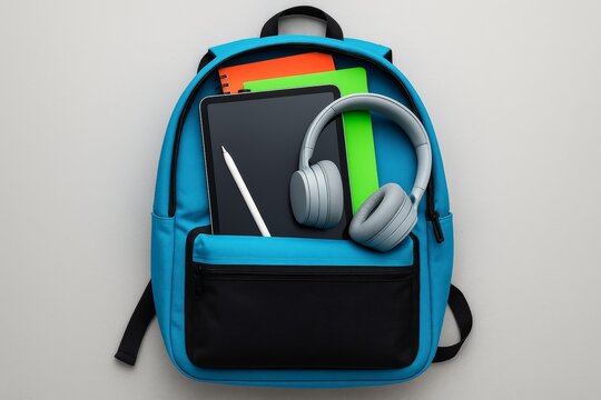A blue backpack filled with a tablet, white stylus, gray headphones, and colorful notebooks. Set against a clean white background. Modern, student-friendly vibe.