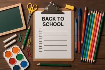 Flat lay of colorful school supplies on a wooden table, featuring a “Back to School” checklist on a clipboard surrounded by pencils, pens, scissors, watercolor set, and chalkboard.