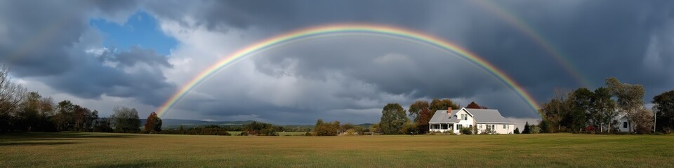 Naklejka premium A rainbow is seen in the sky above a house. The sky is cloudy and the house is white