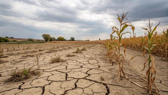 Drought-damaged farmland with cracked dry soil
Severely parched agricultural fields with cracked soil and withered crops, illustrating drought impact, climate change, and water scarcity in farming.

