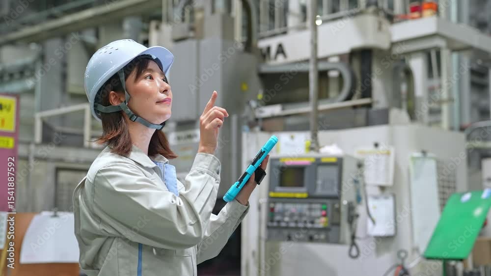Aufkleber タブレットを持って工場機械を点検する女性作業員