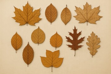 Collection of dried leaves arranged on a beige background showcasing various plant species for herbarium study