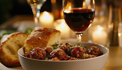 A bowl of meatballs with a side of garlic bread and a glass of red wine, set on a candlelit dinner table 