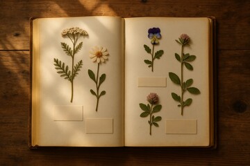 Herbarium showcasing pressed flowers in a vintage book on a wooden table illuminated by sunlight
