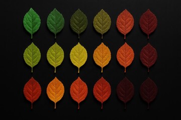 Colorful arrangement of autumn leaves showcasing seasonal change in a herbarium display