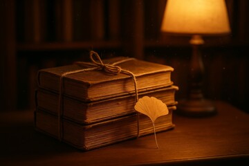 Collection of vintage books tied with twine and a ginkgo biloba leaf in a cozy library setting