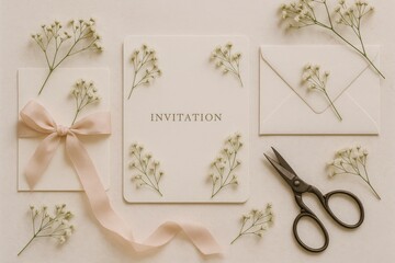 Elegant herbarium invitation layout with delicate florals and vintage scissors