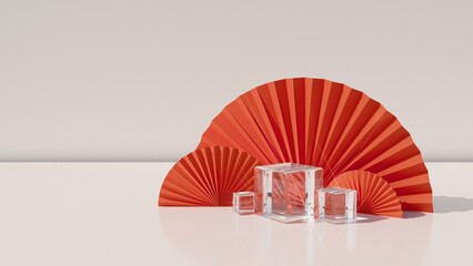 Product display red fan shape decoration with clear glass box glamorous glare light effect with...