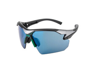Stylish Gray and Silver Sport Sunglasses with Blue Lenses and Green Accents.