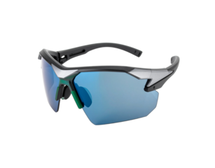 Stylish Gray and Silver Sport Sunglasses with Blue Lenses and Green Accents.