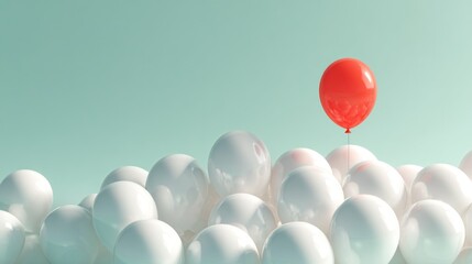 Single red balloon amongst many white balloons