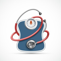 Weighing scales next to a medical stethoscope. Isolated on white background. Vector illustration