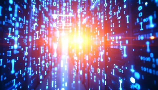 Abstract binary code raining down with glowing effects, digital matrix style background, tech theme .
