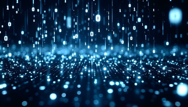 Abstract binary code raining down with glowing effects, digital matrix style background, tech theme .