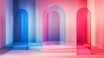 Fototapeta premium Translucent arches in pink and blue hues create modern backdrop