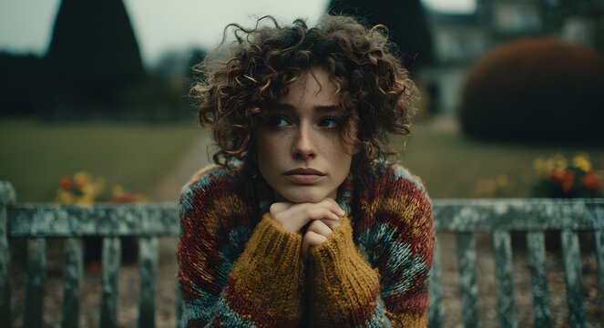 Young woman with curly hair sitting alone on a park bench, her posture shows signs of mental discomfort, concept of mental disorder. - Powered by Adobe