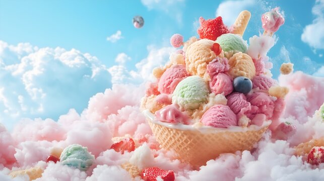 Delicious ice cream sundae served in a waffle cone surrounded by fluffy clouds on a sunny day