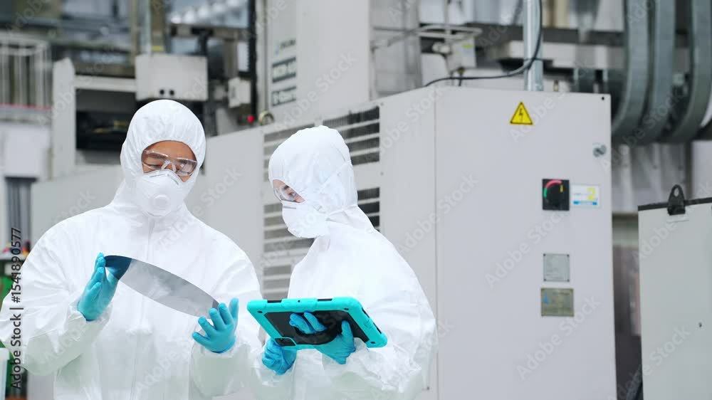 Aufkleber 半導体工場でタブレットを持ってシリコンウエハーを検査する防護服を着た男女作業員