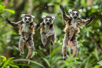 Lemur Family Jumping Through Madagascar Forest