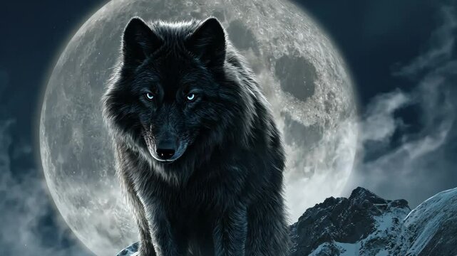 Black Wolf Howling in Moonlight Cinematic Loop