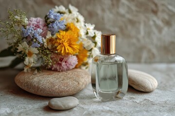 Perfume bottle with floral background banner