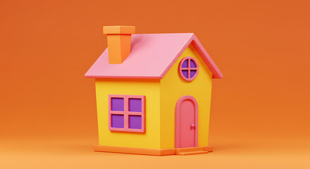 Colorful Cartoon House on Orange Backdrop Whimsical and Vibrant Dream Home Concept Featuring Playful Design Elements and Warm Tones Ideal for Childrens Illustrations and Cheerful Visuals