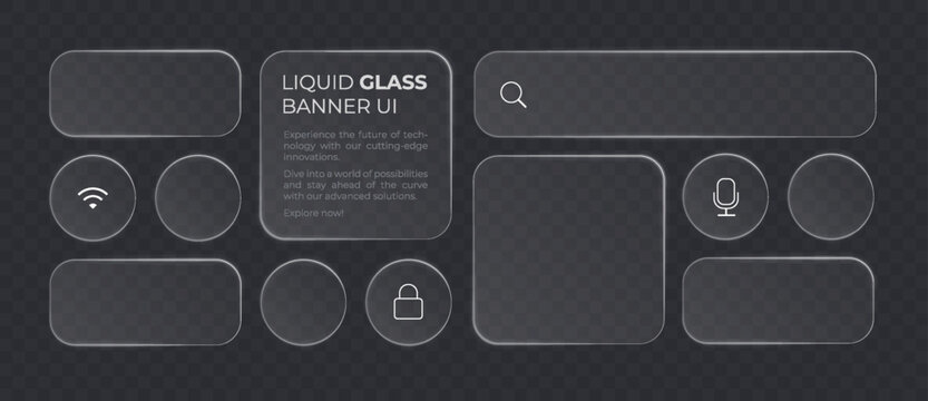 Liquid glass smartphone icon interface isolated for dark theme. White ui light frame square and circle banner with glow stroke. Control center widget for smartphone and web app, vector illustration.