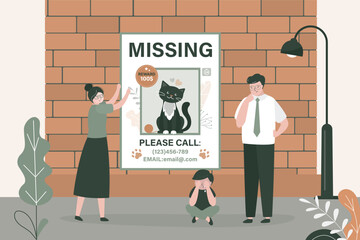 Family posts missing pet posters on the walls of houses. Concept of lost domestic animal. Paper ad on wall about the missing cat. Kitten search. Unhappy boy and parents
