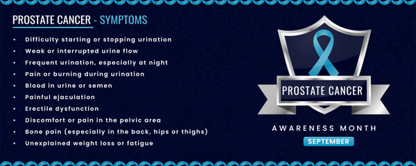 Original Prostate Cancer Awareness ribbon with Symptoms, Shield Design with Pattern Based Background.