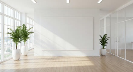 Fototapeta premium Bright Modern Office Space with Large Windows and Indoor Plants Contemporary Interior Design for Business Presentation or Mockup in Clean Minimalist Style with Natural Light
