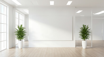 Fototapeta premium Bright Modern Office Interior with Blank Canvas and Potted Plants A Contemporary Workspace Showcasing Minimalism and Natural Elements for a Productive and Inspiring Environment