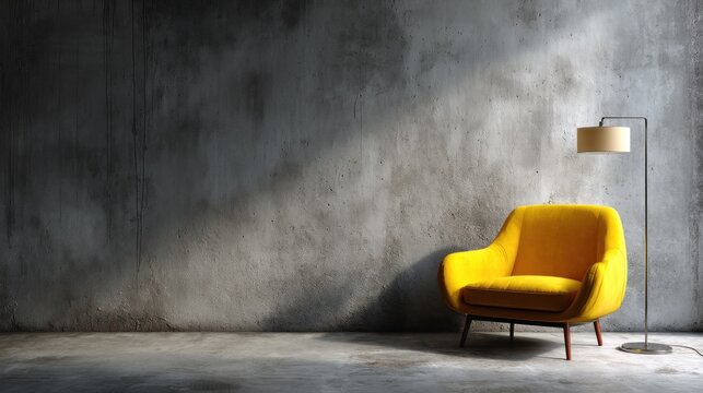 Modern, minimalist room with yellow armchair and floor lamp