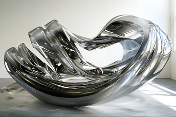 Abstract sculpture made of polished metal, featuring fluid, organic shapes that create a sense of movement and elegance in a modern art gallery setting with natural light
