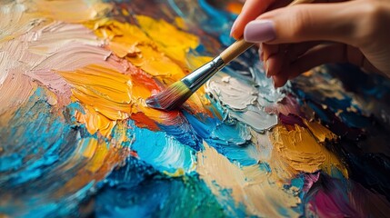 Fototapeta premium Colorful Abstract Painting Close-Up with Paintbrush and Hand