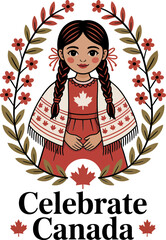 Smiling girl in traditional red attire holding maple leaf with celebrate Canada message below  