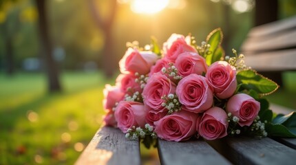 Fototapeta premium Beautiful bouquet of roses resting on sunlit park bench in scenic outdoor setting