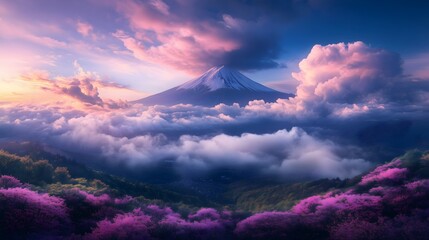 Rare lenticular cloud formation over Mount Fuji creates stunning backdrop at sunset with vibrant colors and floral foreground