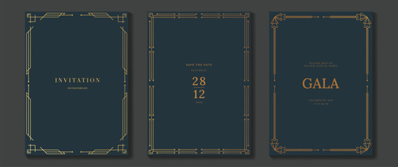 Luxury wedding invitation card background vector. Golden elegant gold frame on navy blue background. Premium design illustration for wedding and vip cover template, banner, poster.