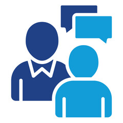 Group Talk Glyph Dual Tone Blue Fill Silhouette Style Icon - Three people communicating with speech bubbles above, representing collaborative discussion or shared opinions