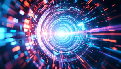 Abstract digital vortex with swirling binary code and light trails, high-energy tech background .