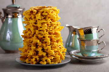 Sakotis Cake with Elegant Vintage Tea cups and Carafe