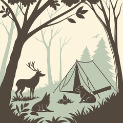 Vintage Camping Silhouette Vector with Tent, Trees, and Night Sky