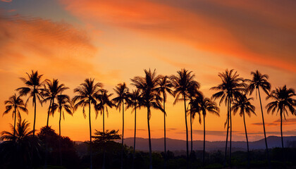 row of tropical palm trees against an orange sunset sky silhouette of tall palm trees tropical evening landscape beautiful tropical nature