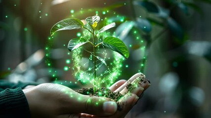 Hands holding a young plant with glowing DNA helix overlay, symbolizing biotechnology, genetic engineering, sustainable agriculture, innovation in plant science, and eco friendly solutions - Powered by Adobe