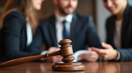 Judicial decision making: gavel focus with lawyers discussing in background