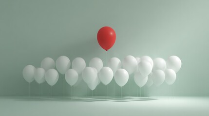 Red balloon standing out among many white balloons