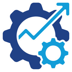 Performance Gears Glyph Dual Tone Blue Fill Silhouette Style Icon - Gears with upward arrow and chart, representing optimization, performance, or growth strategy