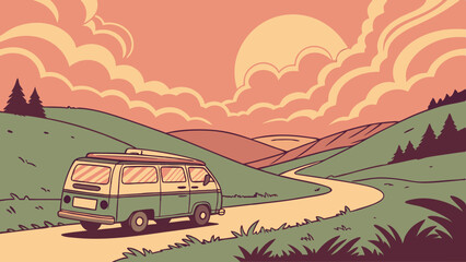 A vintage van travels along a winding road through rolling hills under a sunset sky with fluffy clouds above